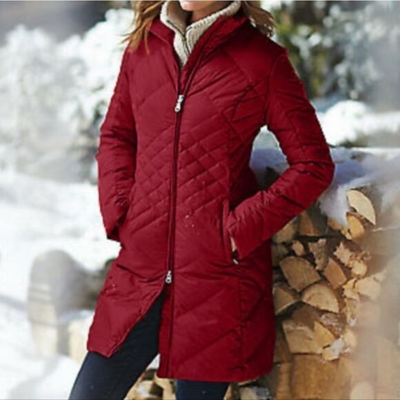 Eddie Bauer Women's Essential Down Parka Size Large Red Quilted Long Length - Picture 1 of 16